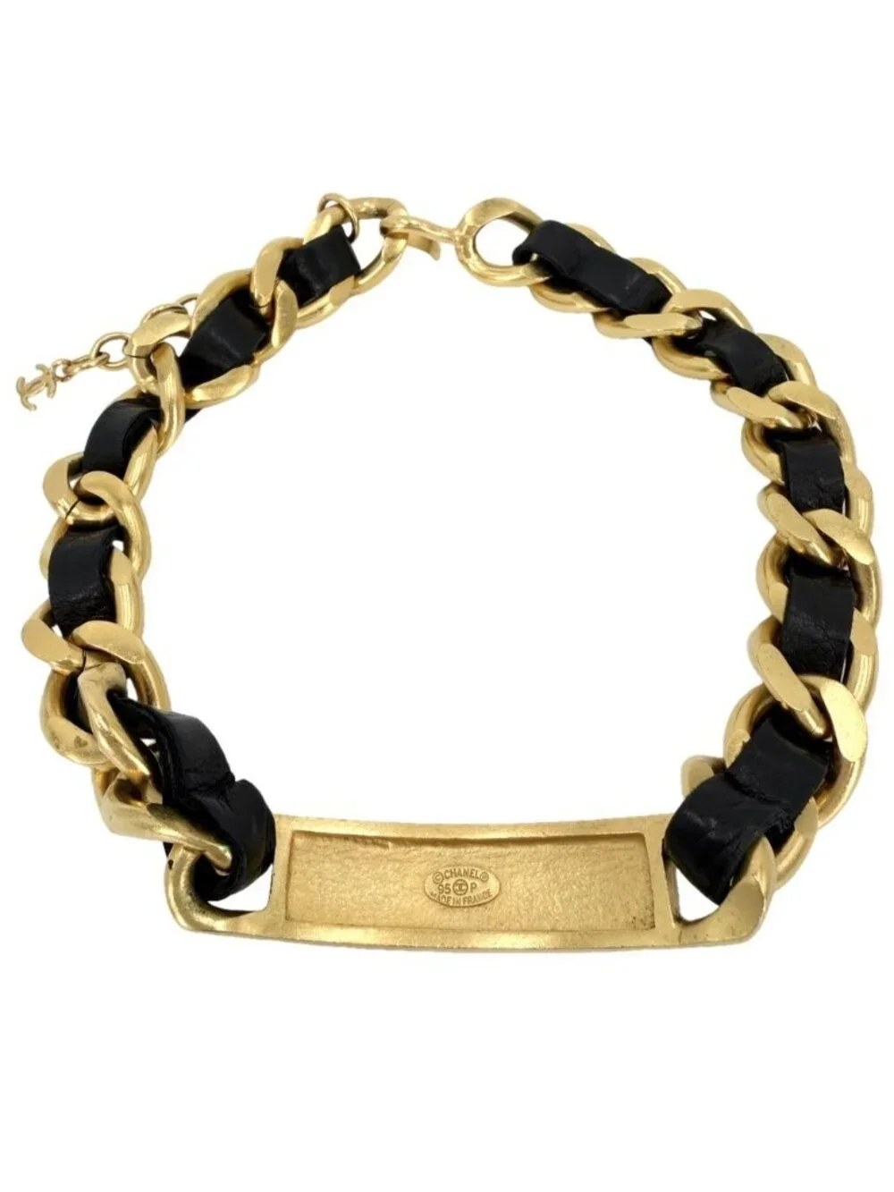 Chanel Choker CC Logo Plate Necklace Adjustable Leather 95P Gold Black